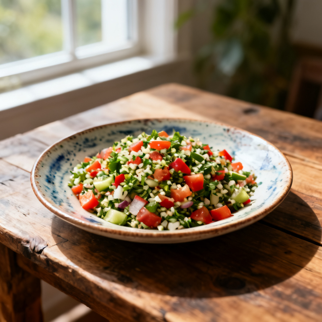 Tabbouleh på små vita bönor med halstrad lax