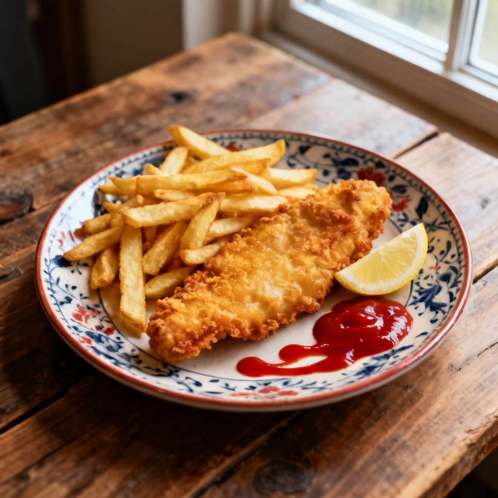 Fish and chips med mashed peas