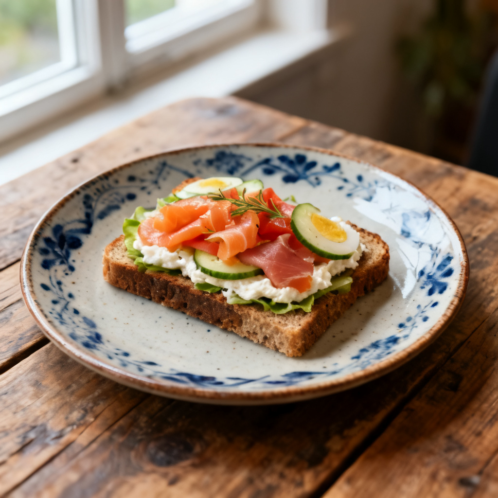 Nordisk smørrebrød med sparris och pepparrotscräm