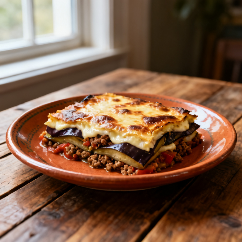 Moussaka på sötpotatis och vegofärs