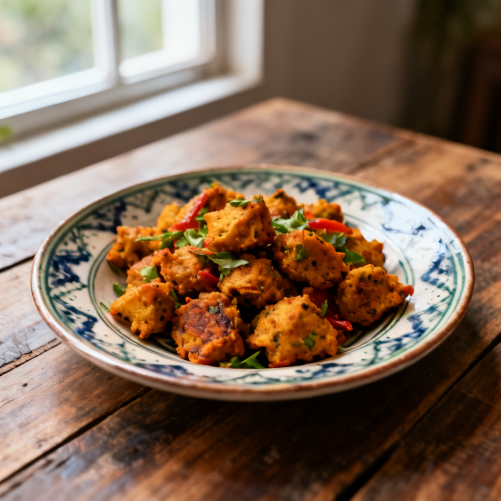 Lök- och butternut bhajis med rotis, mango raita och myntasallad
