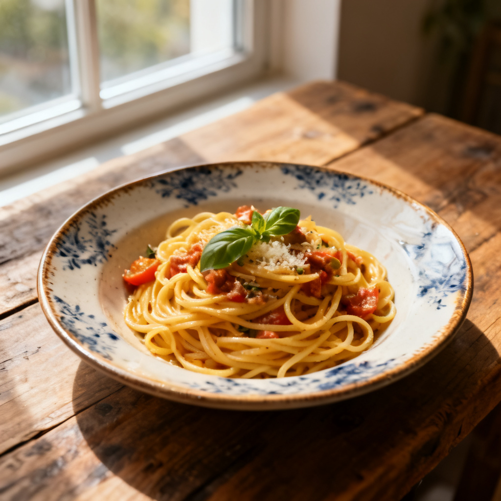 Krämig pasta med stekta champinjoner och brysselkål