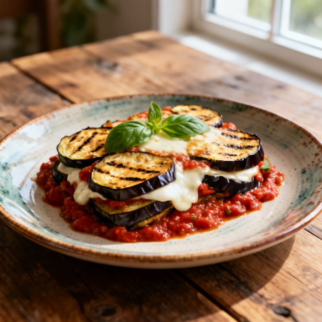Aubergine varvad med köttfärs i tomatsås