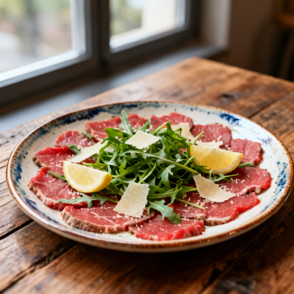Carpaccio på oxfilé med tryffelolja och sallad på kronärtskocka, rostade pinjenötter och parmesan