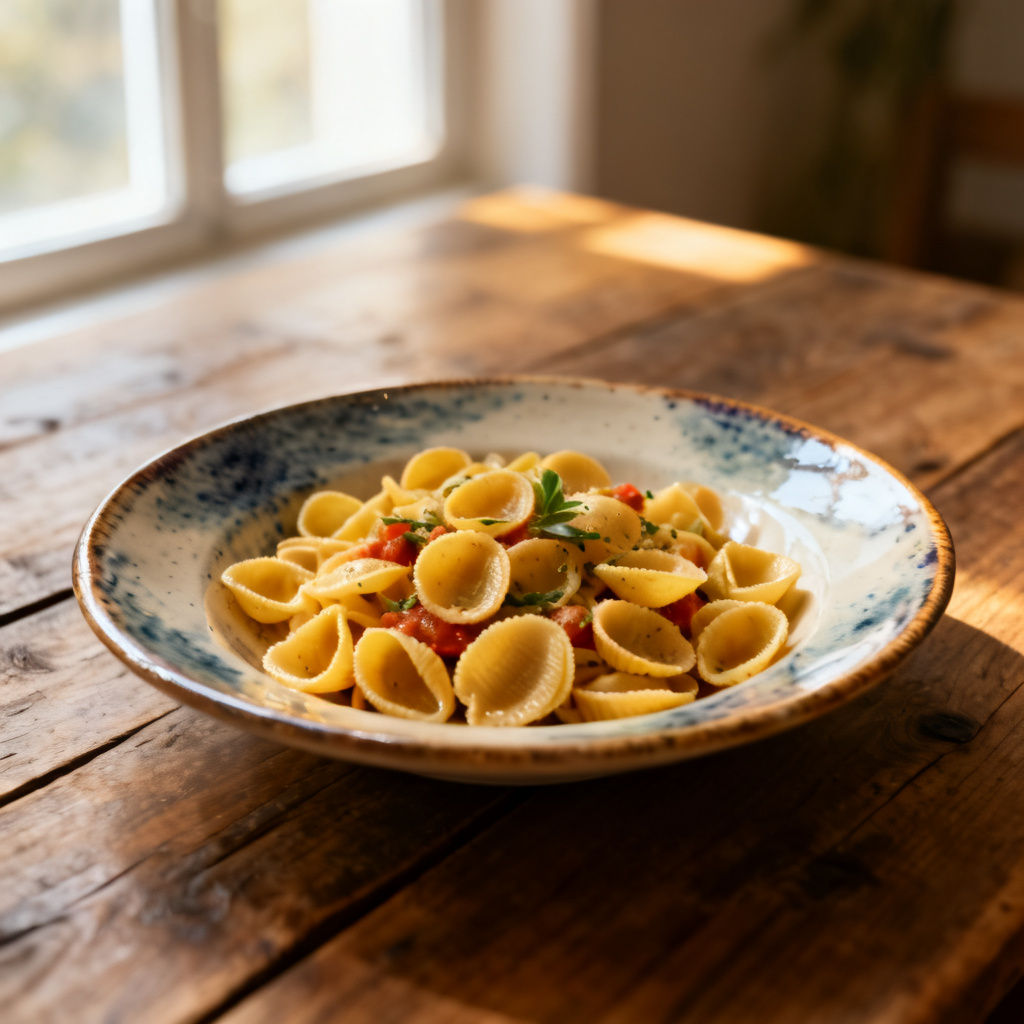 Krispiga Orecchiette med stekt korv och collard ragù