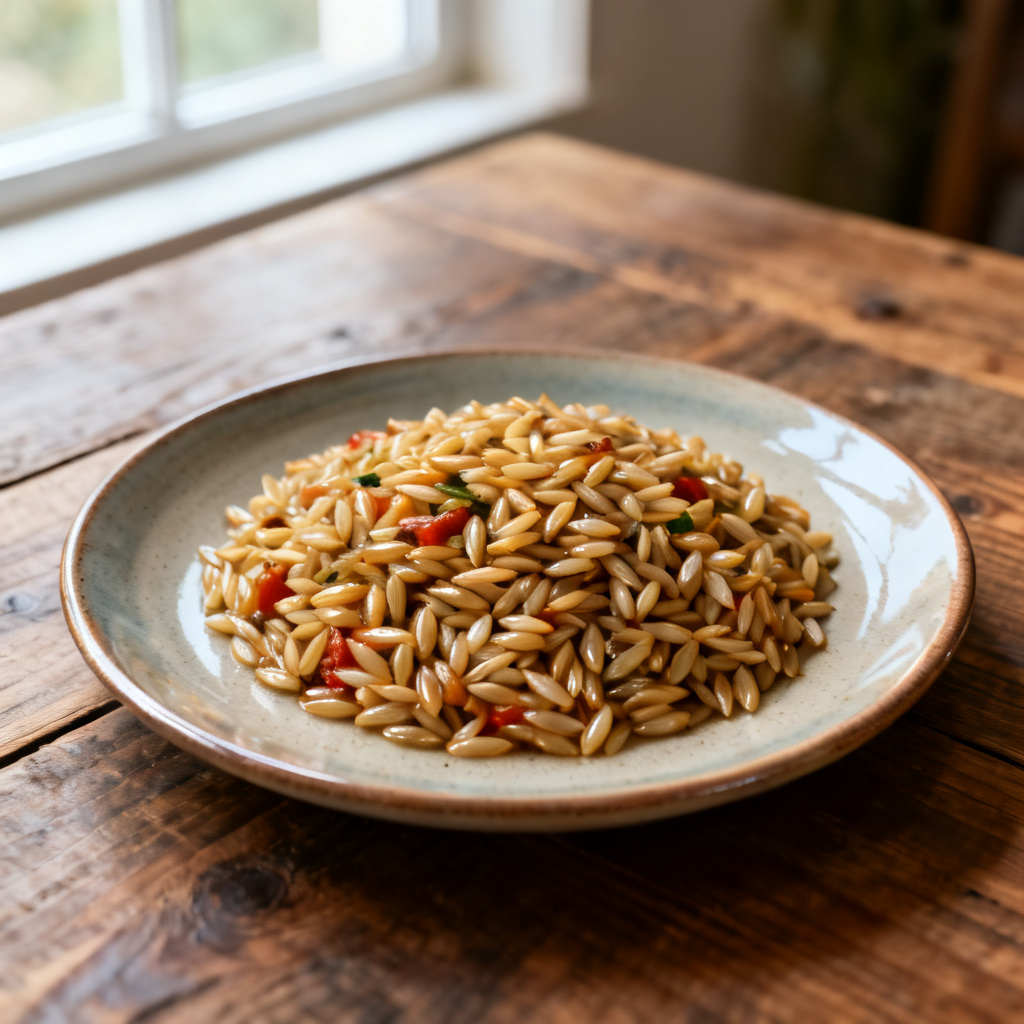 Tomat och oregano orzo med nötköttskoftor