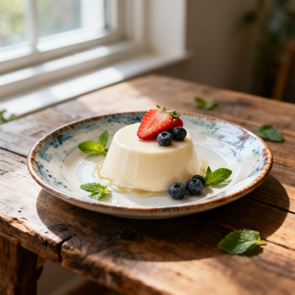 Pannacotta med svarta vinbär och smörrostad kavring