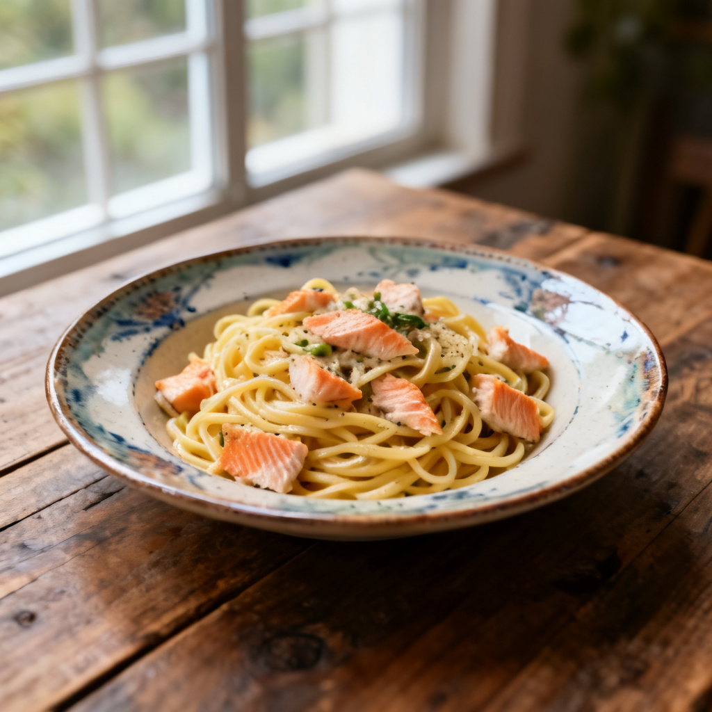 Pasta med färsk lax och grönt