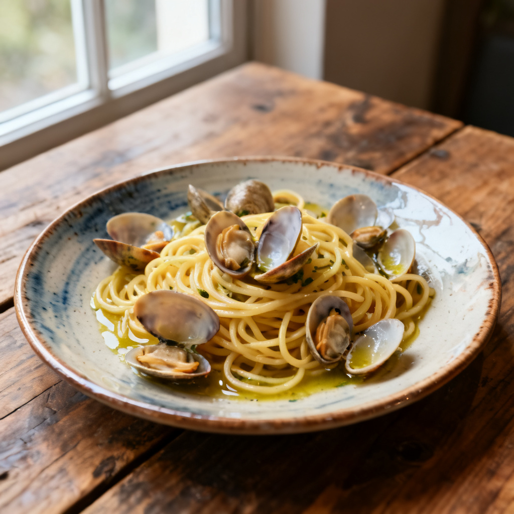 Frisk musselpasta med krämig vit basilikasås + krispigt prosciutto.