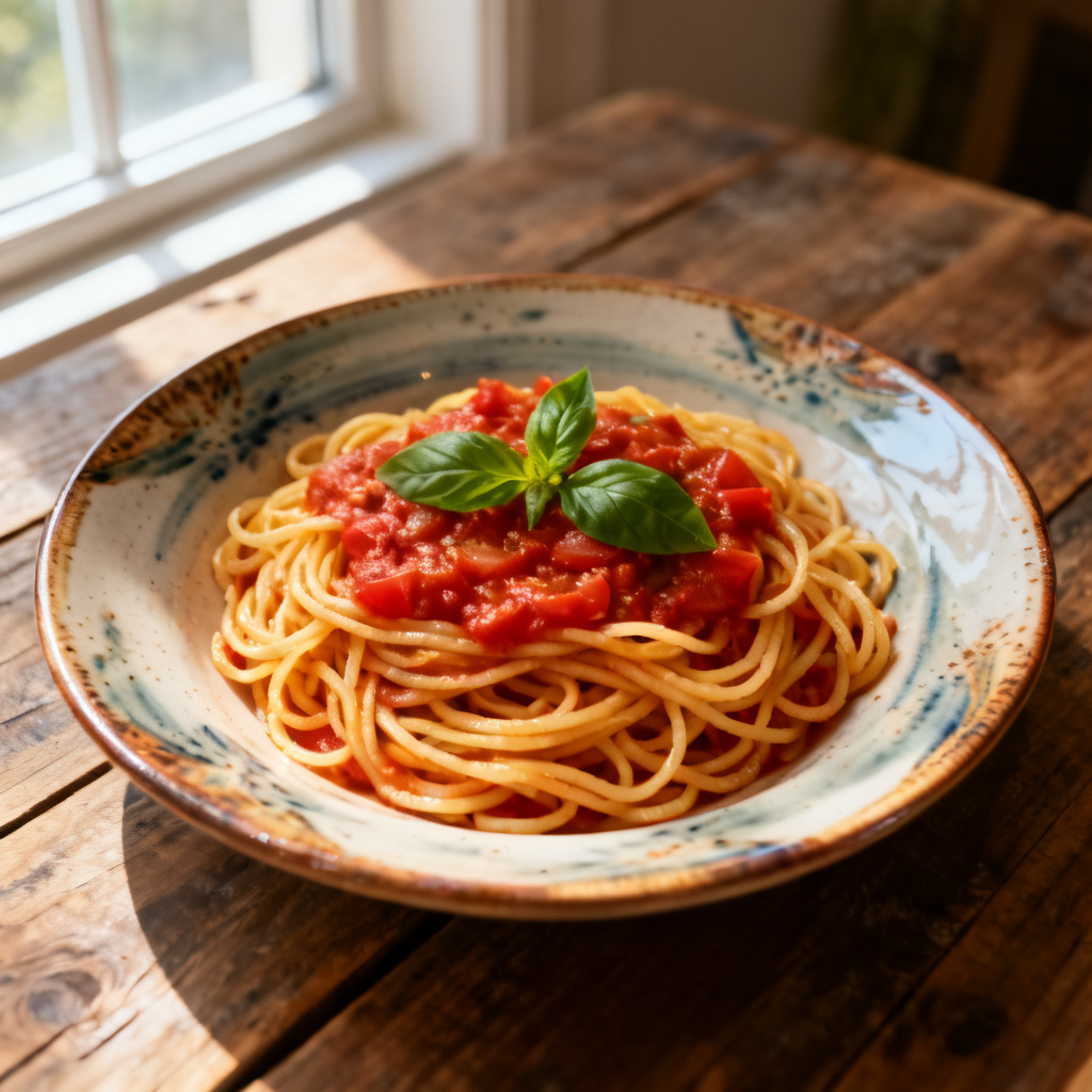Spaghetti pomodoro med linser och persiljekrutonger