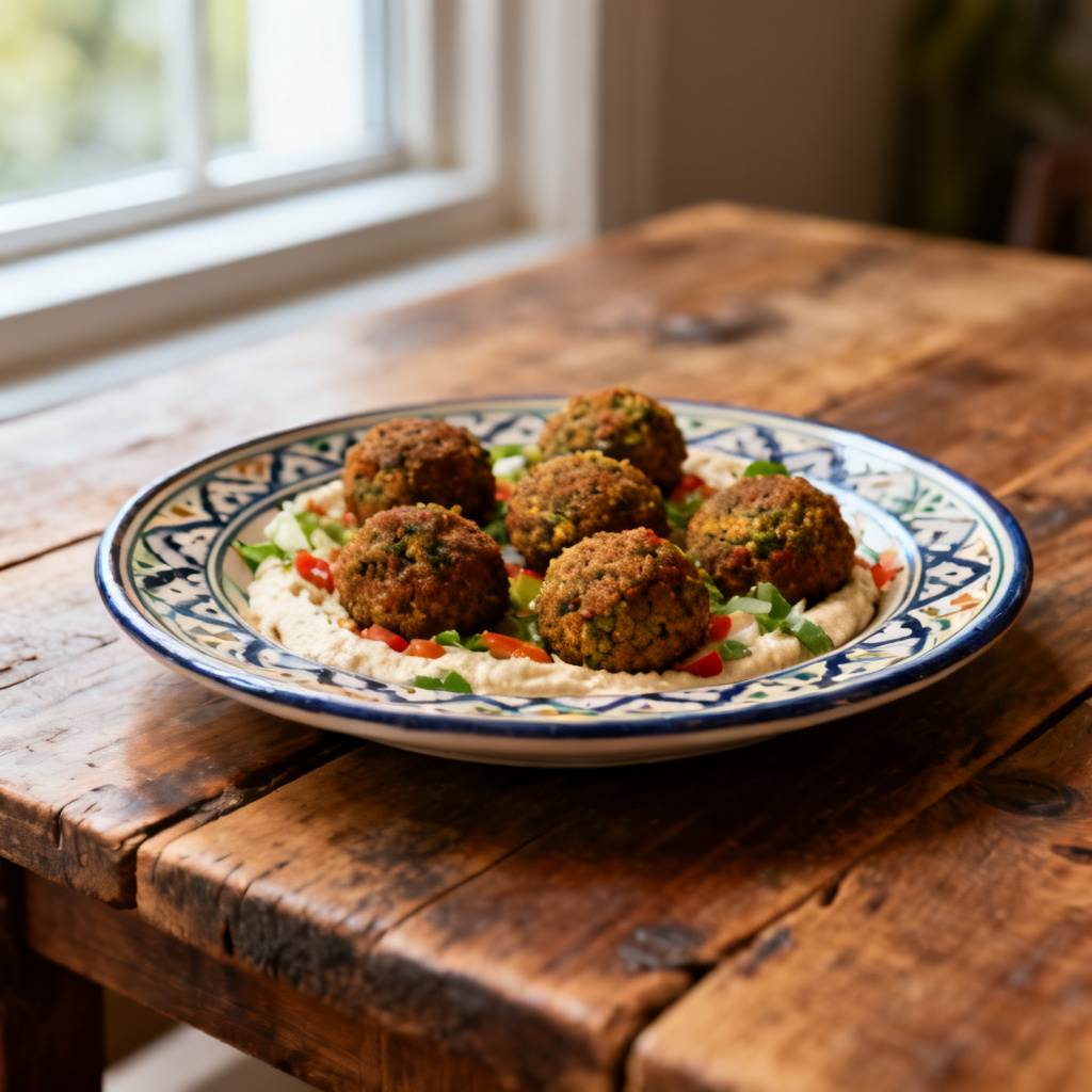 Buffalo Falafel och Vitlöksblåostfritter i pitabröd med Ranch-stil Tzatziki.