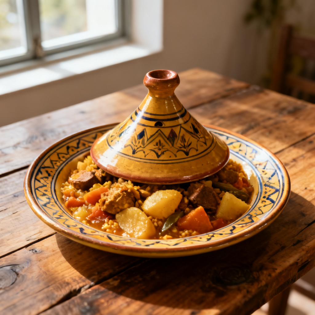 Citron- och mynta-äggplanta tagine med mandelkuskus