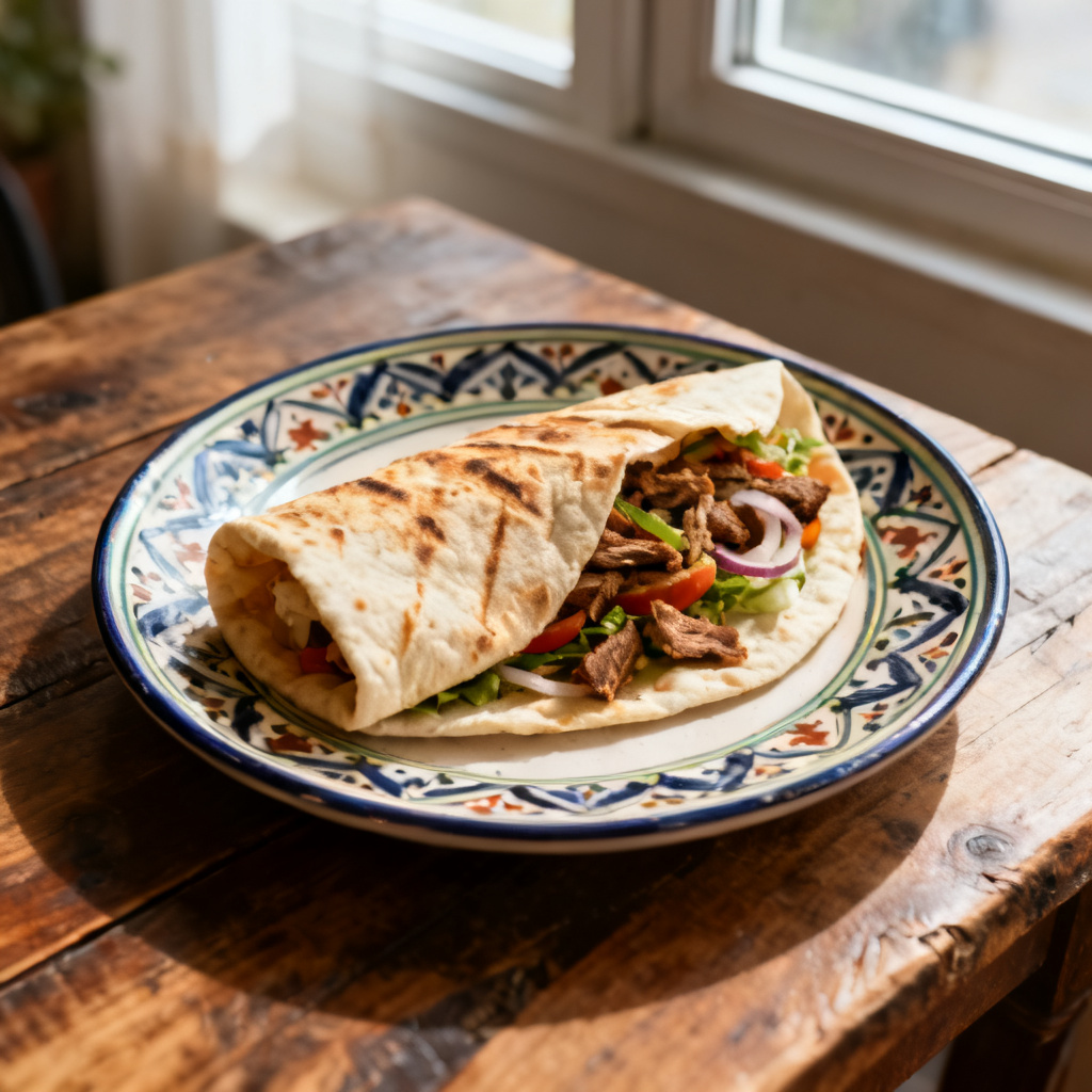 Kyckling Shawarma Naan-sallad med sötpotatisfrites.