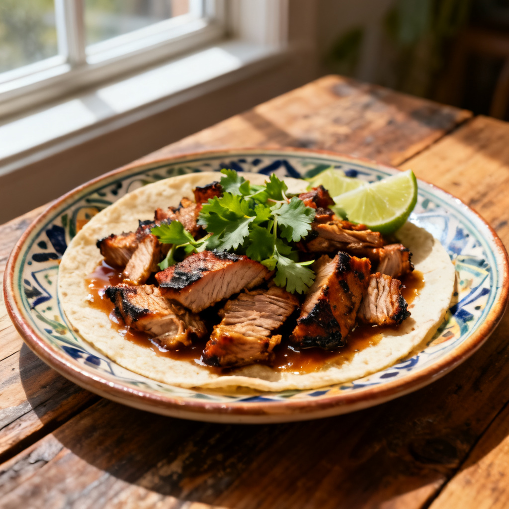 Al pastor med fläskkarré, ananas och smulad ost