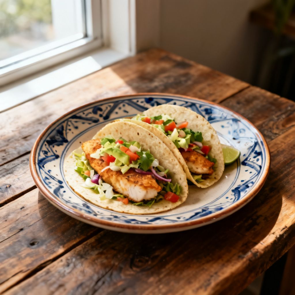 Fish taco med avokado, grönsaksplock och rostad majs
