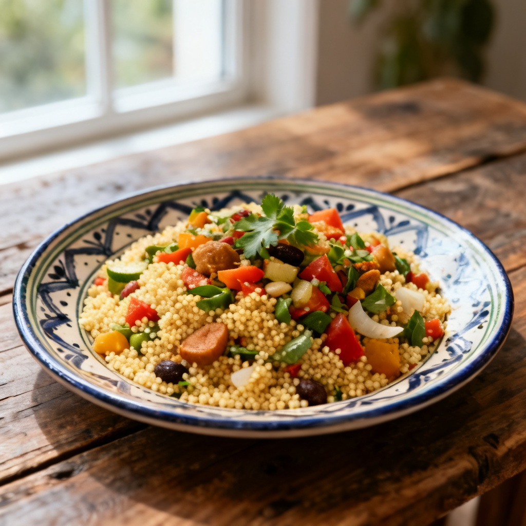 Varm couscoussallad med räkor, paprika och avokado
