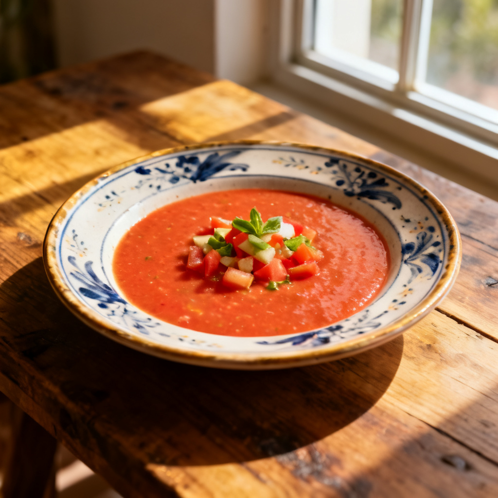 Gazpacho med tempura av flatböner och picklade korianderfrön