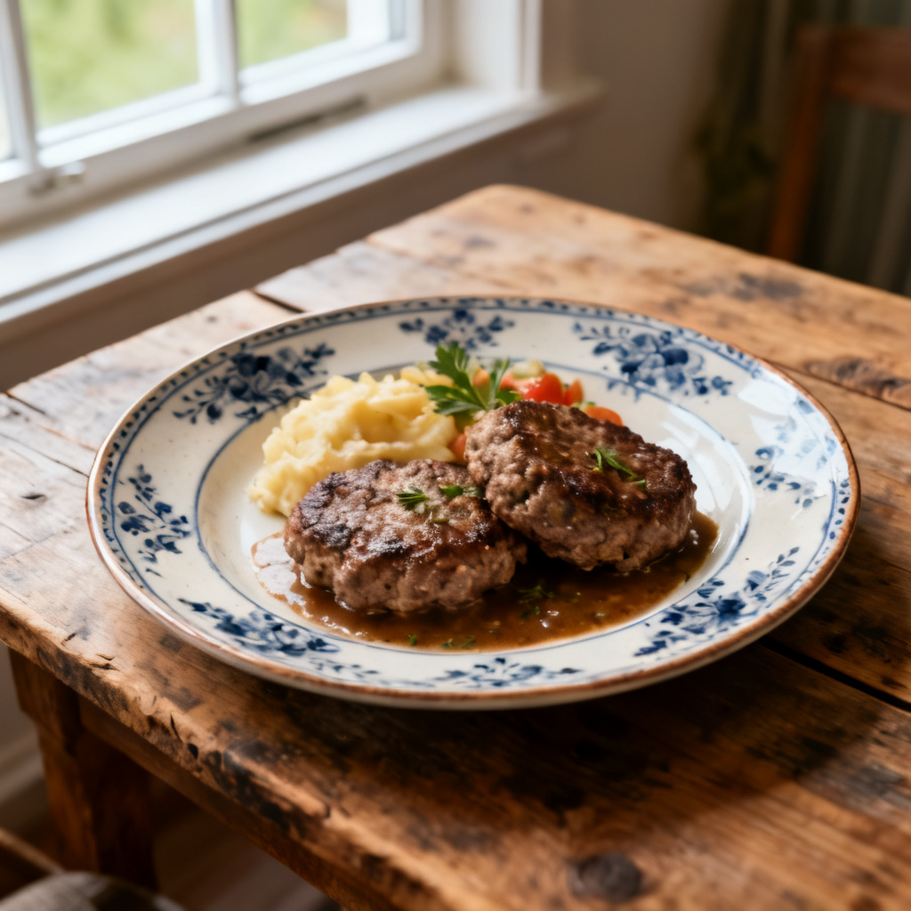 Färsbiffar med tomat- och fetasallad och tzatziki