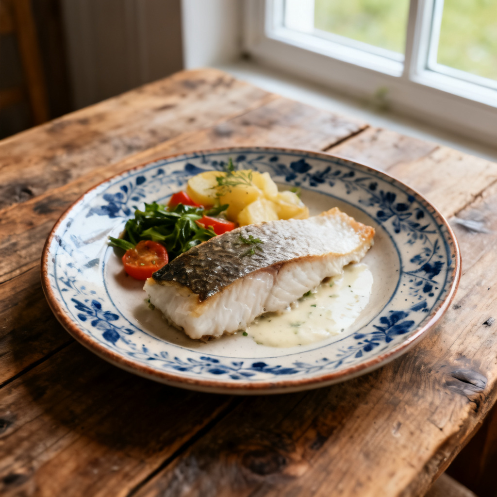 Lättpanerad torskfilé, rostad blomkål, dill och brynt smör- och sojasås
